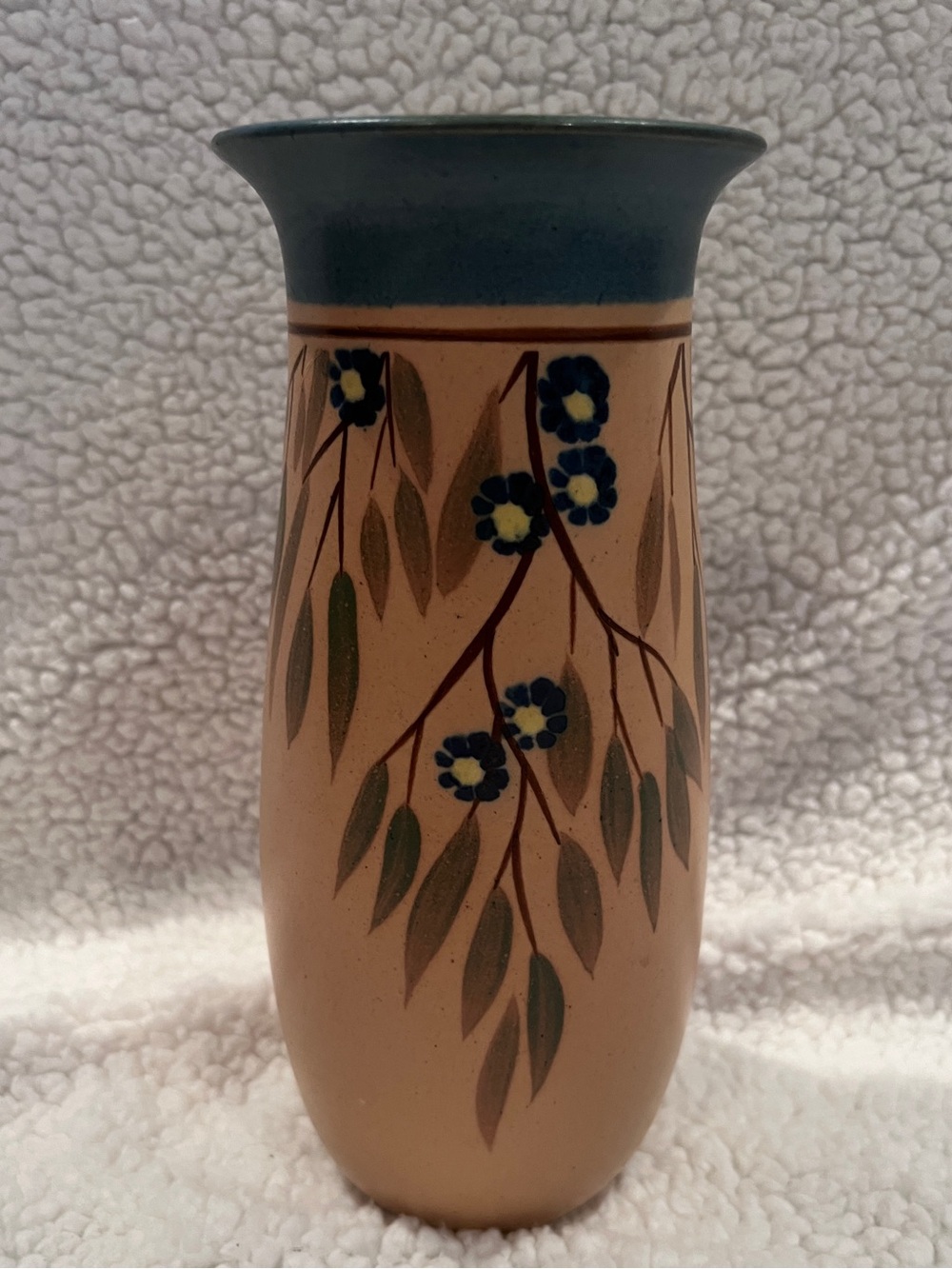 10” Signed Art Pottery, hand painted, blue flowers, beautiful design, vintage
